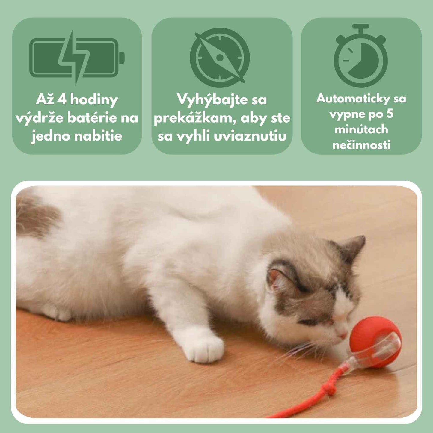 Inteligentná loptička pre mačky, 100 % autonómna, navrhnutá tak, aby napodobňovala skutočnú korisť